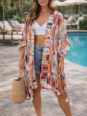 La Blanca Swim Cover‎ Up One Size Boho Kimono Tassel Beach Resort Colorful